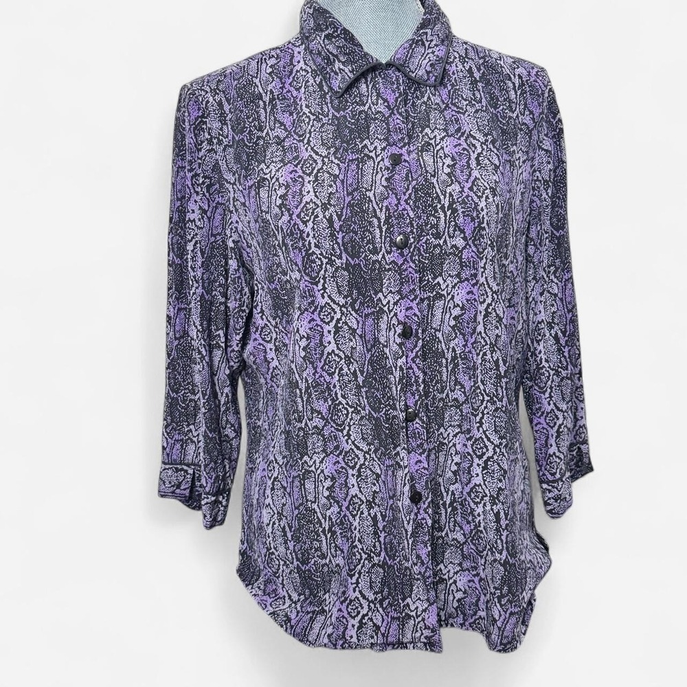 Anna and Frank 100% Silk Snakeskin Blouse Women L Purple Black Button  Office
